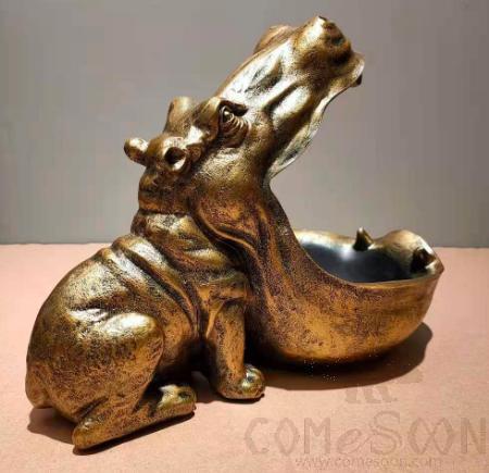 Hippo Ornament Candy Holder, Resin, Gold, 20*11*17cm