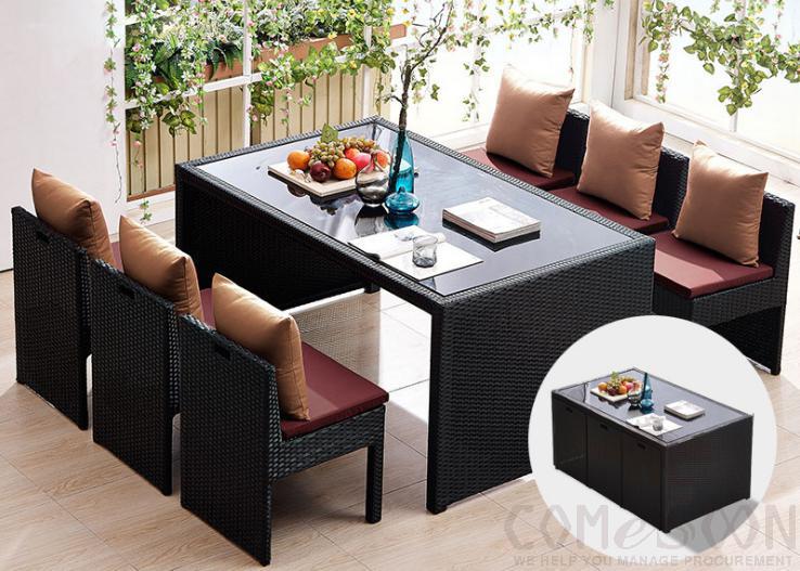 Outdoor table and chair,bold metal frame + PE rattan + high resilience sponge+ glass,,160*100*75cm