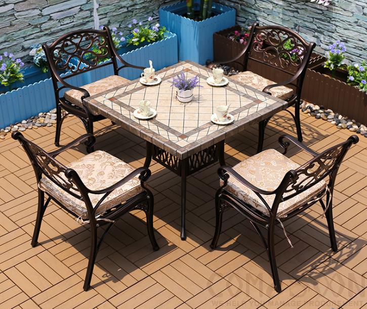 Outdoor cast aluminum tables and chairs