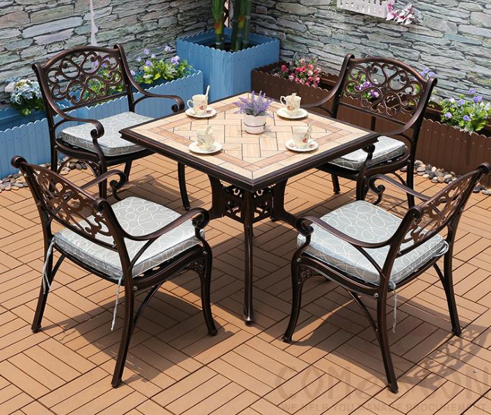 Outdoor cast aluminum tables and chairs