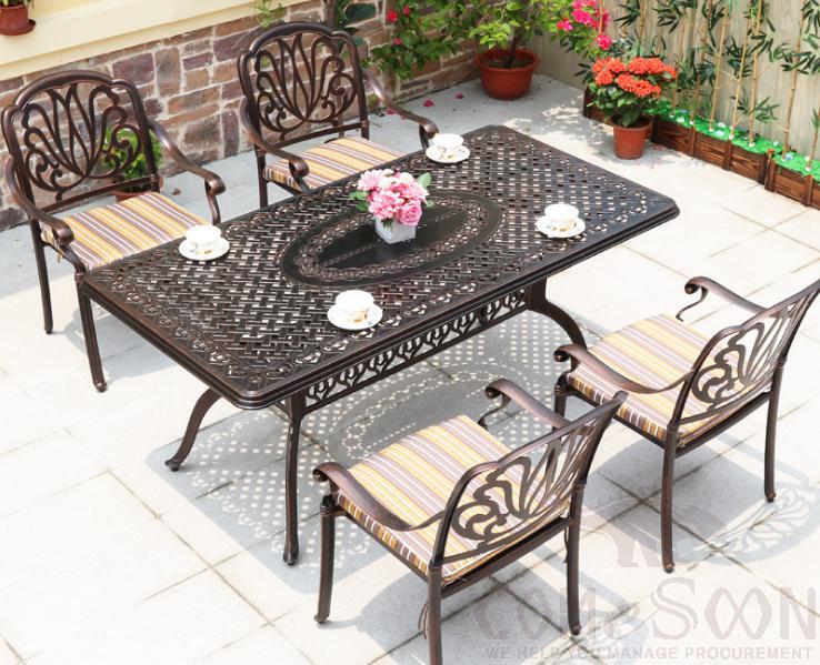 Outdoor cast aluminum tables and chairs
