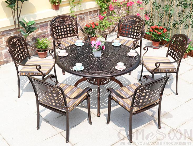 Outdoor cast aluminum tables and chairs
