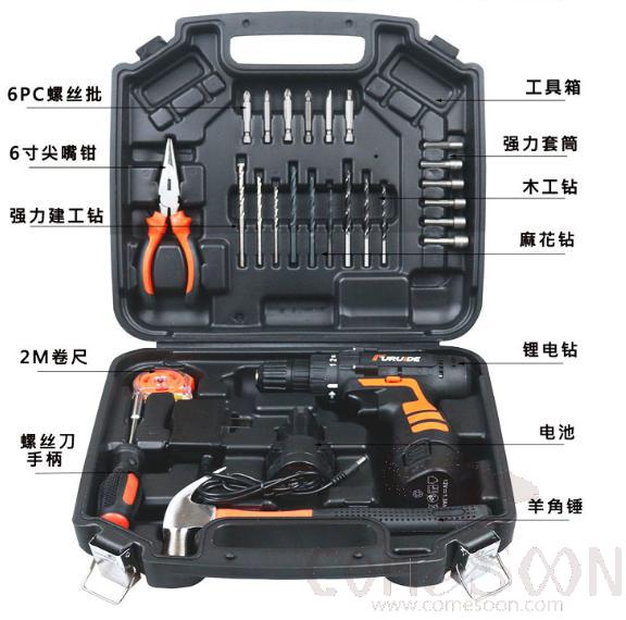 Two-Speed Rechargeable Handheld Electric Drill 16.8V Set 28 Piece, One Lithium Battery,Engineering Grade Plastic + High Carbon Steel,L29.5*W24.5*H9cm