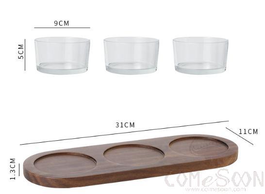 Trio of glass bowls with wooded base,W/O Cover