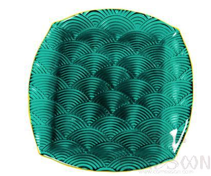 Square Glass Plate (lake green and gold rim), 27cm
