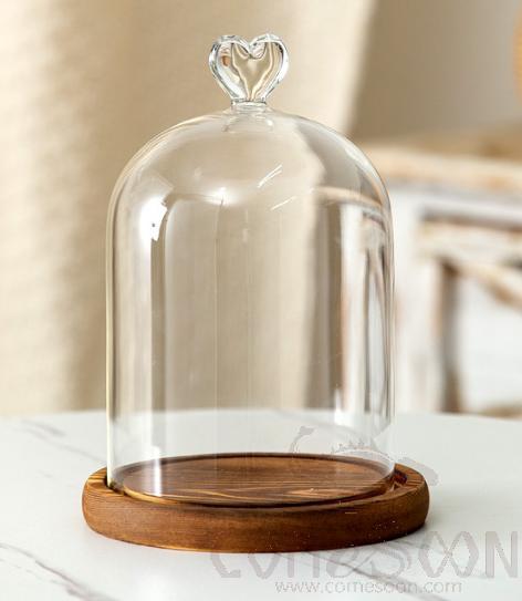 Heart-shaped Glass Cover With Wood Base φ12*H16cm