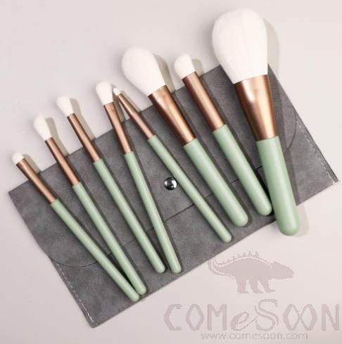 Nylon Cosmetic Brush Set + Dark Grey Storage Bag, Green, 14cm