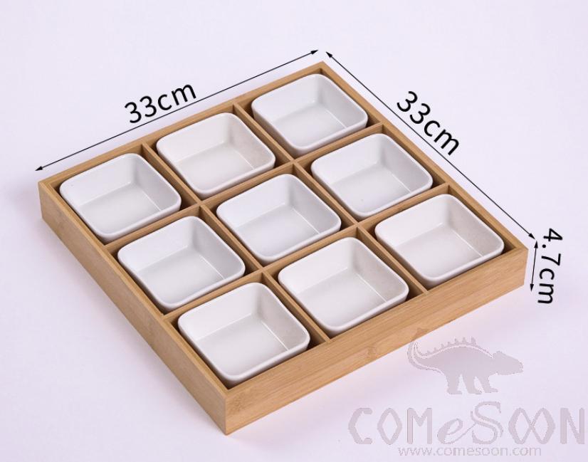 9 Compartment Bamboo Tray W/9 Melamine Bowls, L33*W33*H4.7cm